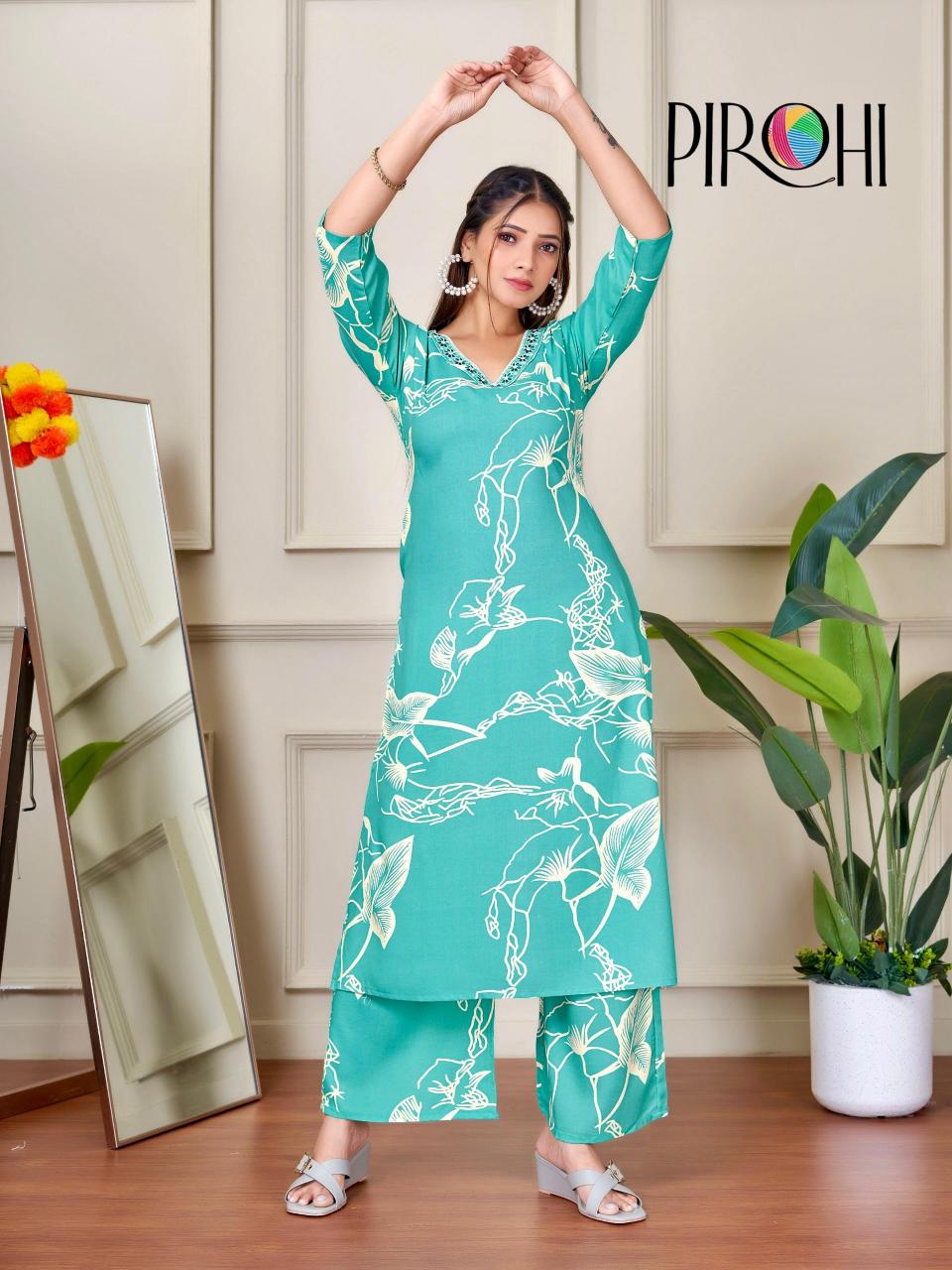 Pirohi kanchi rayon prints coord set branded kurtis wholesale