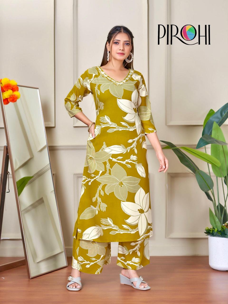 Pirohi kanchi rayon prints coord set branded kurtis wholesale