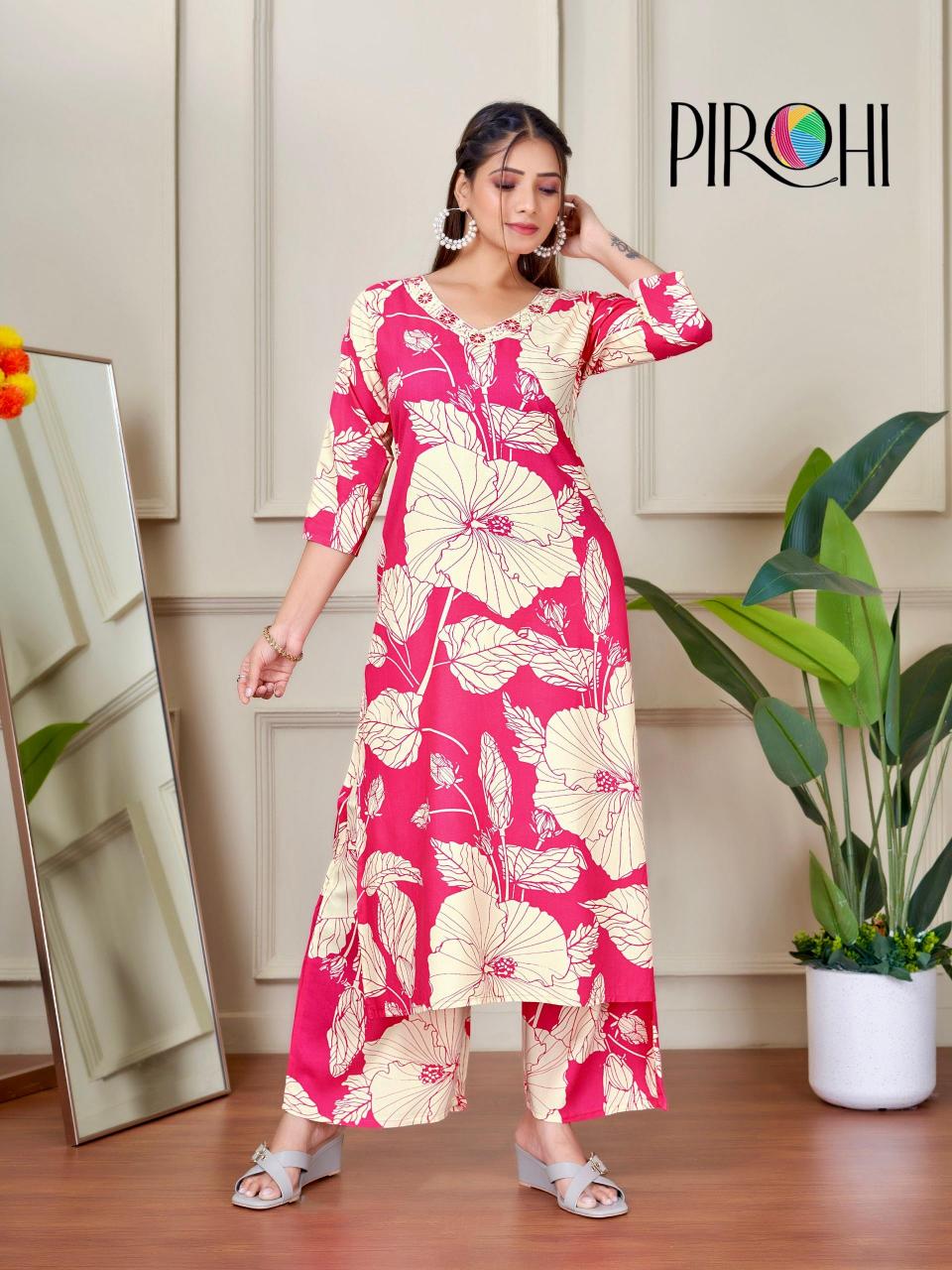 Pirohi kanchi rayon prints coord set branded kurtis wholesale