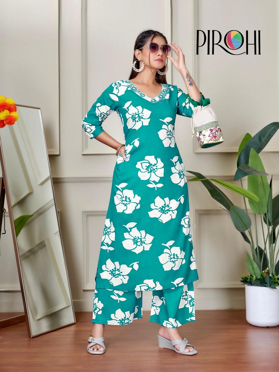 Pirohi kanchi rayon prints coord set branded kurtis wholesale