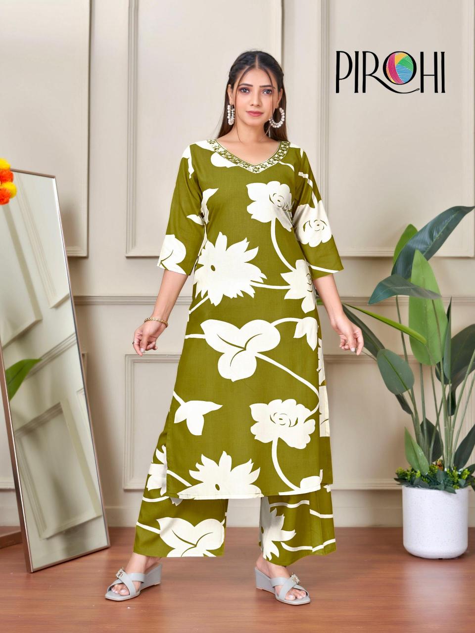Pirohi kanchi rayon prints coord set branded kurtis wholesale