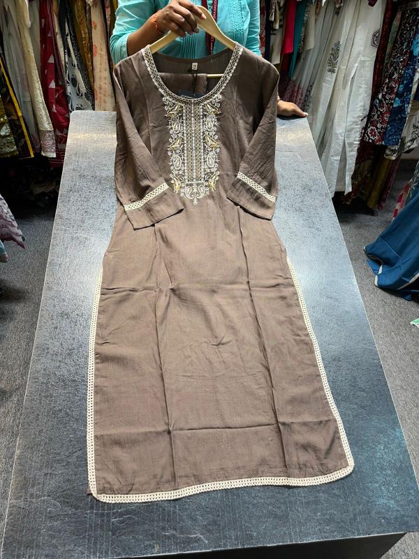 Rayon neck embroidery work straight branded kurti wholesale