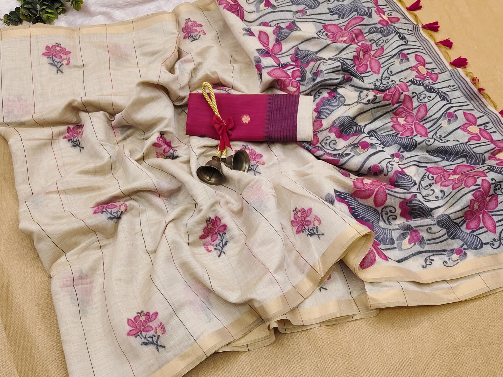 Soft colorfull muga cotton saree & pallu with contrast blouse surat sarees wholesale