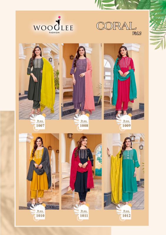 Wooglee coral vol 2 rayon top bottom dupatta branded kurti wholesale