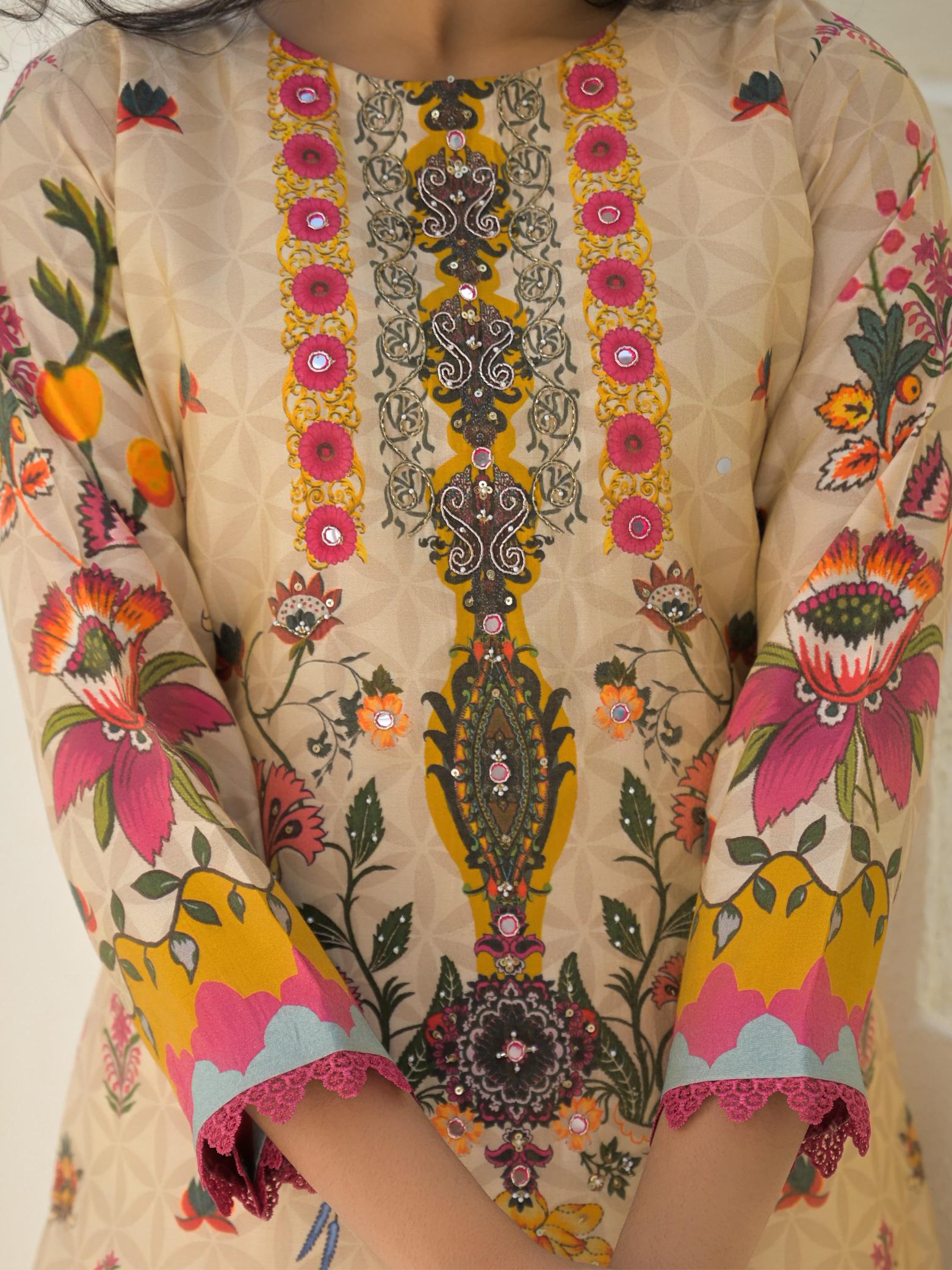 Afsana vanya seemar gold digital print khathli work catalog pakistani lawn suits wholesale in dubai
