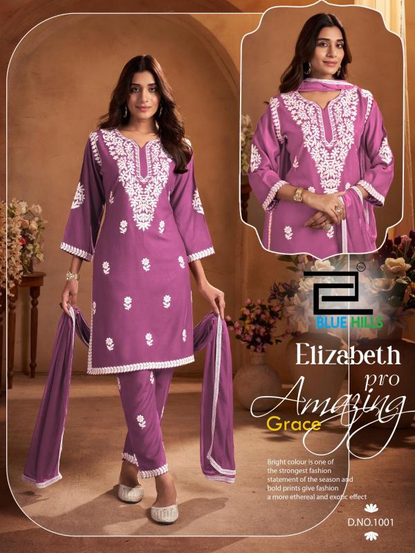 Blue hills elizabeth pro rayon with work top bottom dupatta branded kurtis wholesale