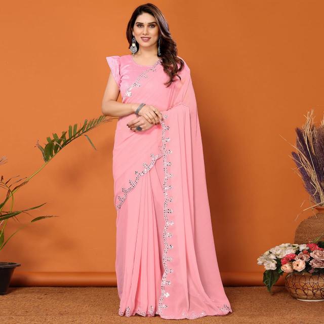 GC bright georgette saree with mirror work wholesale sarees in surat with low price