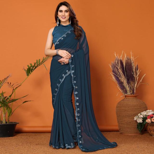 GC bright georgette saree with mirror work wholesale sarees in surat with low price