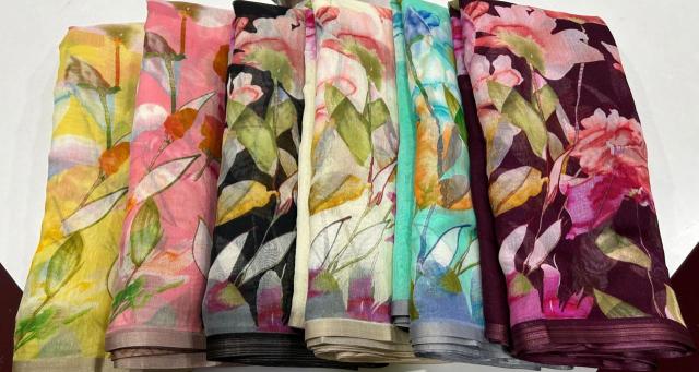 Handloom linen floral digital print saree surat wholesale market