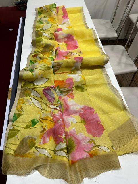 Handloom linen floral digital print saree surat wholesale market