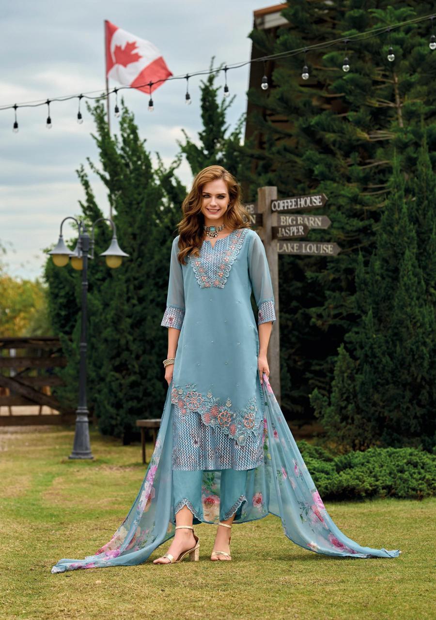 Lady leela inaya 2 handwork on organaza top bottom dupatta branded kurtis manufacturers in india