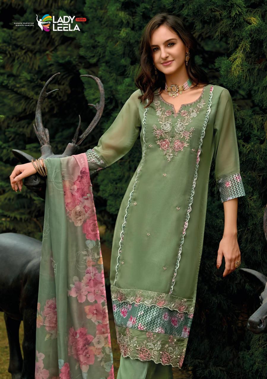 Lady leela inaya 2 handwork on organaza top bottom dupatta branded kurtis manufacturers in india