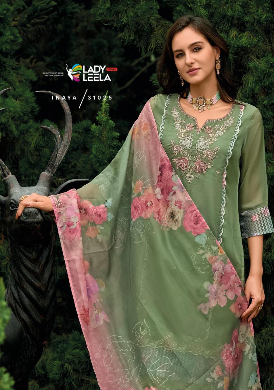 Lady leela inaya 2 handwork on organaza top bottom dupatta branded kurtis manufacturers in india