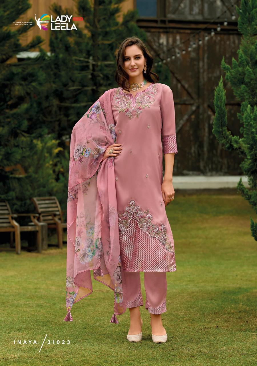Lady leela inaya 2 handwork on organaza top bottom dupatta branded kurtis manufacturers in india