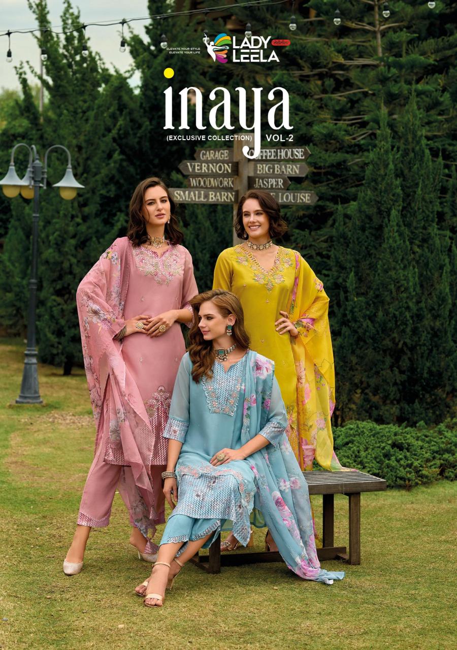 Lady leela inaya 2 handwork on organaza top bottom dupatta branded kurtis manufacturers in india