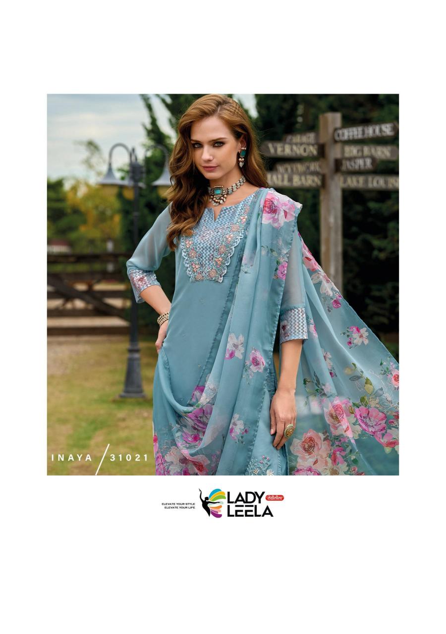 Lady leela inaya 2 handwork on organaza top bottom dupatta branded kurtis manufacturers in india