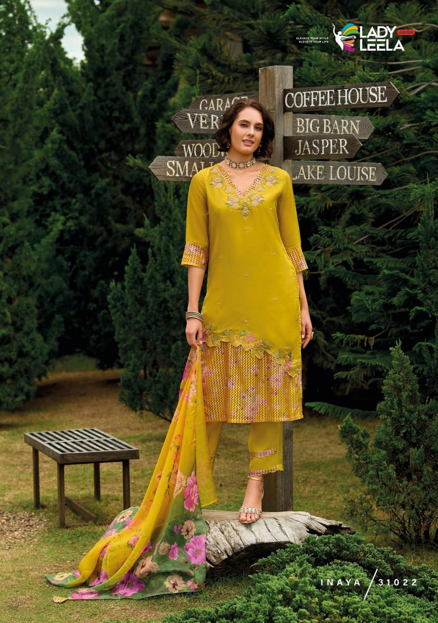 Lady leela inaya 2 handwork on organaza top bottom dupatta branded kurtis manufacturers in india