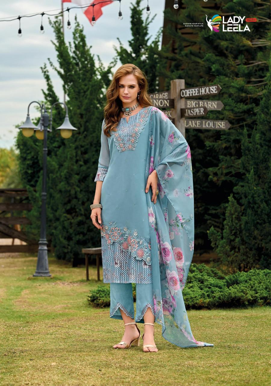 Lady leela inaya 2 handwork on organaza top bottom dupatta branded kurtis manufacturers in india