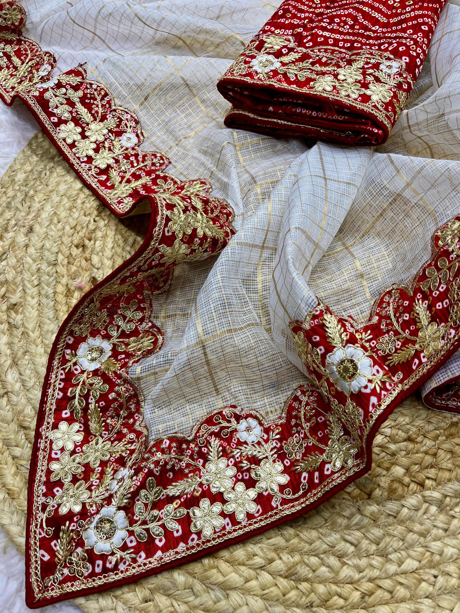 Mahaveer silks soft kota doriya white bandej gotapatti saree wholesale market surat