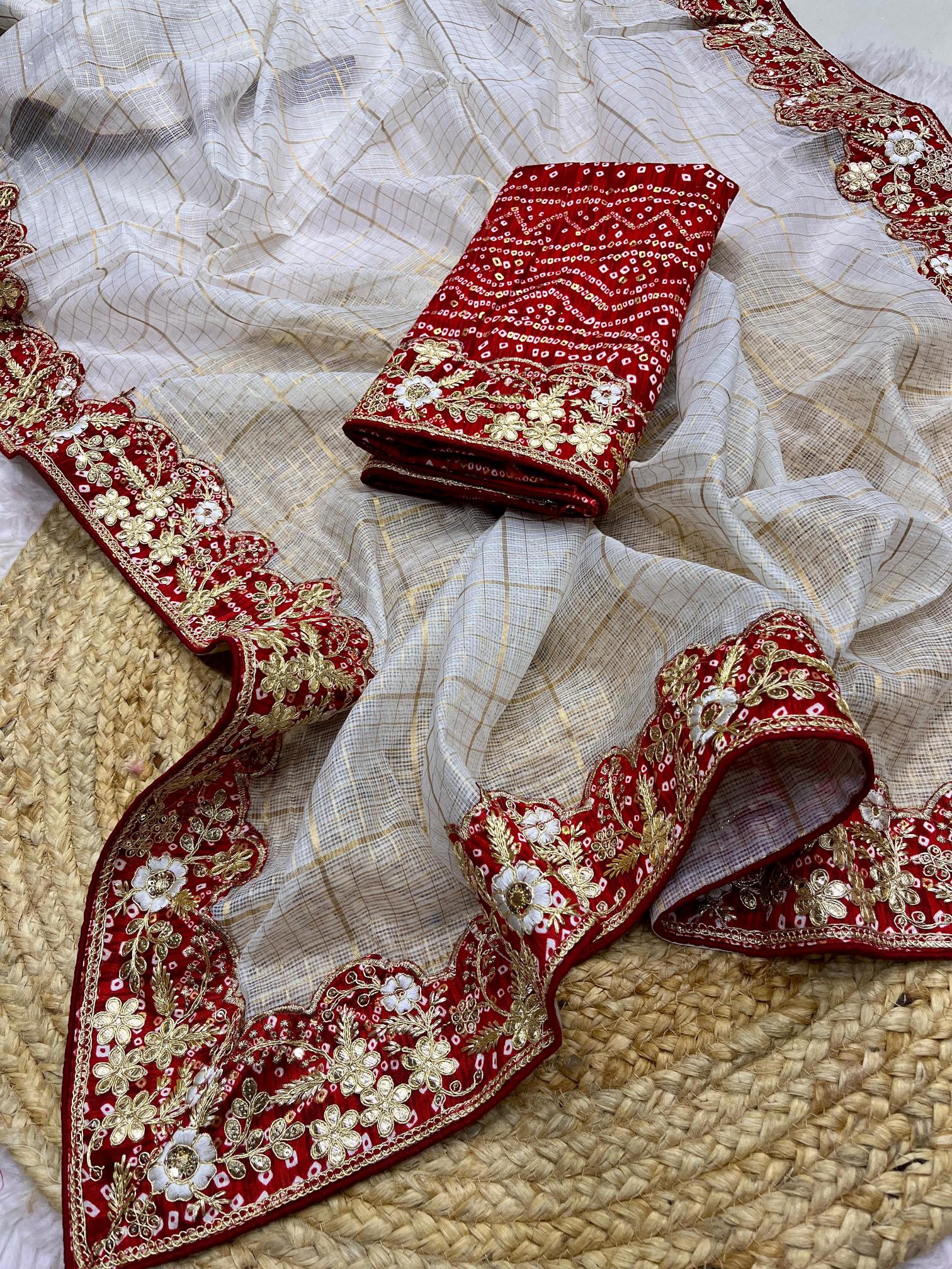 Mahaveer silks soft kota doriya white bandej gotapatti saree wholesale market surat