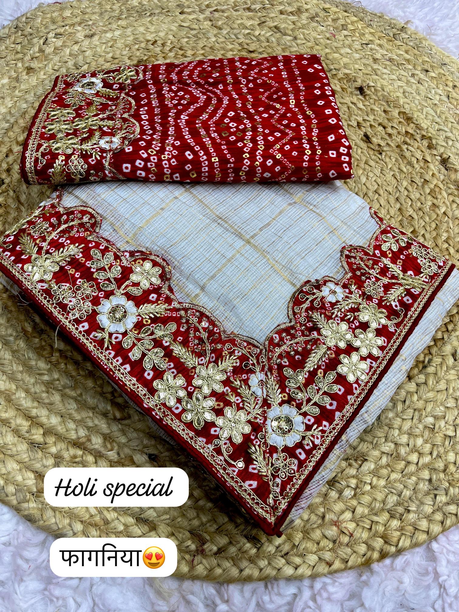Mahaveer silks soft kota doriya white bandej gotapatti saree wholesale market surat