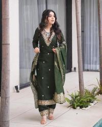 Presenting green color roman silk 3 pcs anarkali kurti manufacturing company