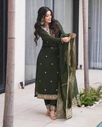 Presenting green color roman silk 3 pcs anarkali kurti manufacturing company