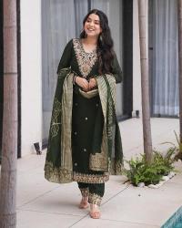 Presenting green color roman silk 3 pcs anarkali kurti manufacturing company