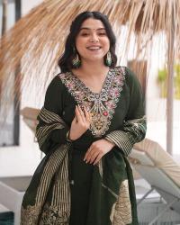 Presenting green color roman silk 3 pcs anarkali kurti manufacturing company