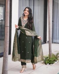 Presenting green color roman silk 3 pcs anarkali kurti manufacturing company