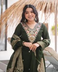 Presenting green color roman silk 3 pcs anarkali kurti manufacturing company