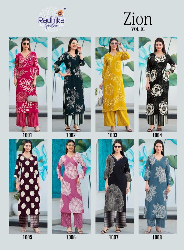 Radhika lifestyle zion vol 1 catalog summer reyon foil print co ord set wholesale