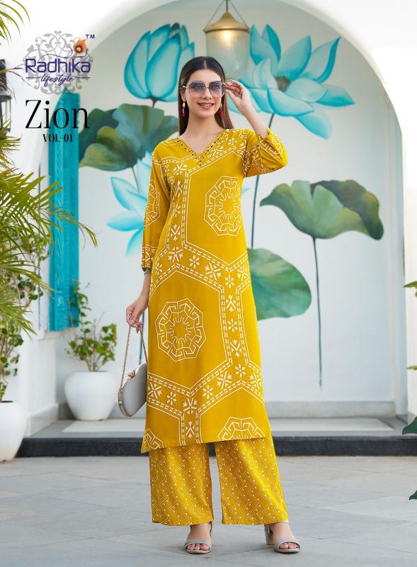 Radhika lifestyle zion vol 1 catalog summer reyon foil print co ord set wholesale
