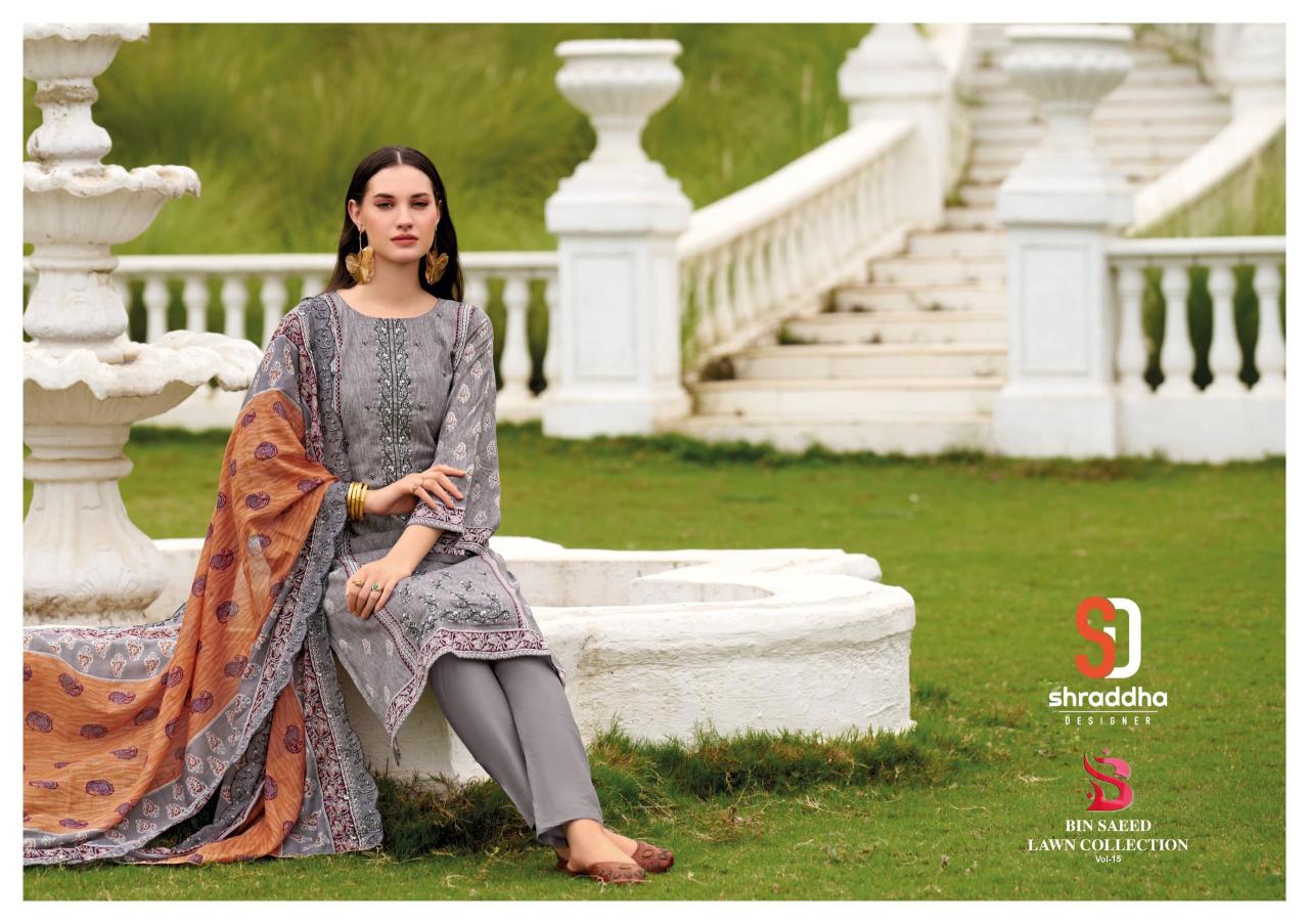 Sharadddha designer bin saeed vol 15 pure cotton Indian mode catalog best dress material brand in india
