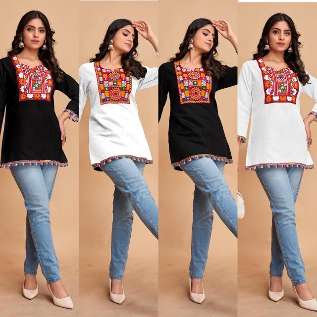 Shree salasar cotton with embroidery work short top catalog jaipuri short kurtis wholesale