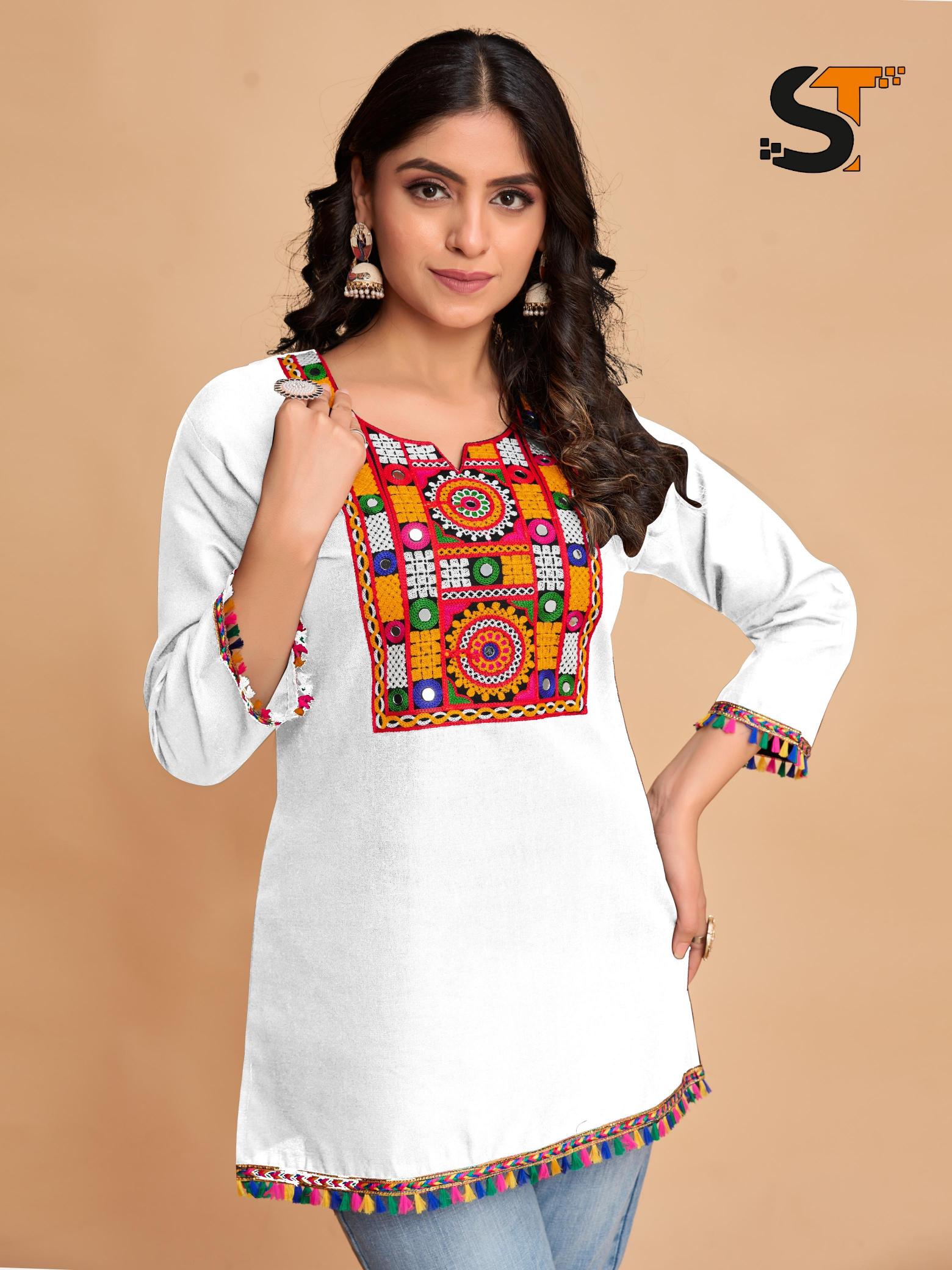 Shree salasar cotton with embroidery work short top catalog jaipuri short kurtis wholesale