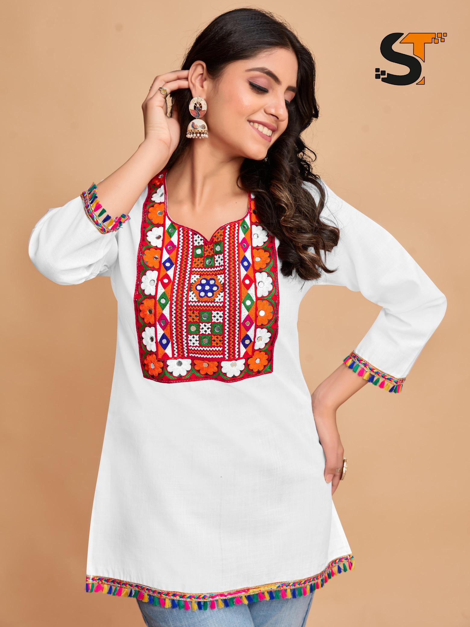 Shree salasar cotton with embroidery work short top catalog jaipuri short kurtis wholesale