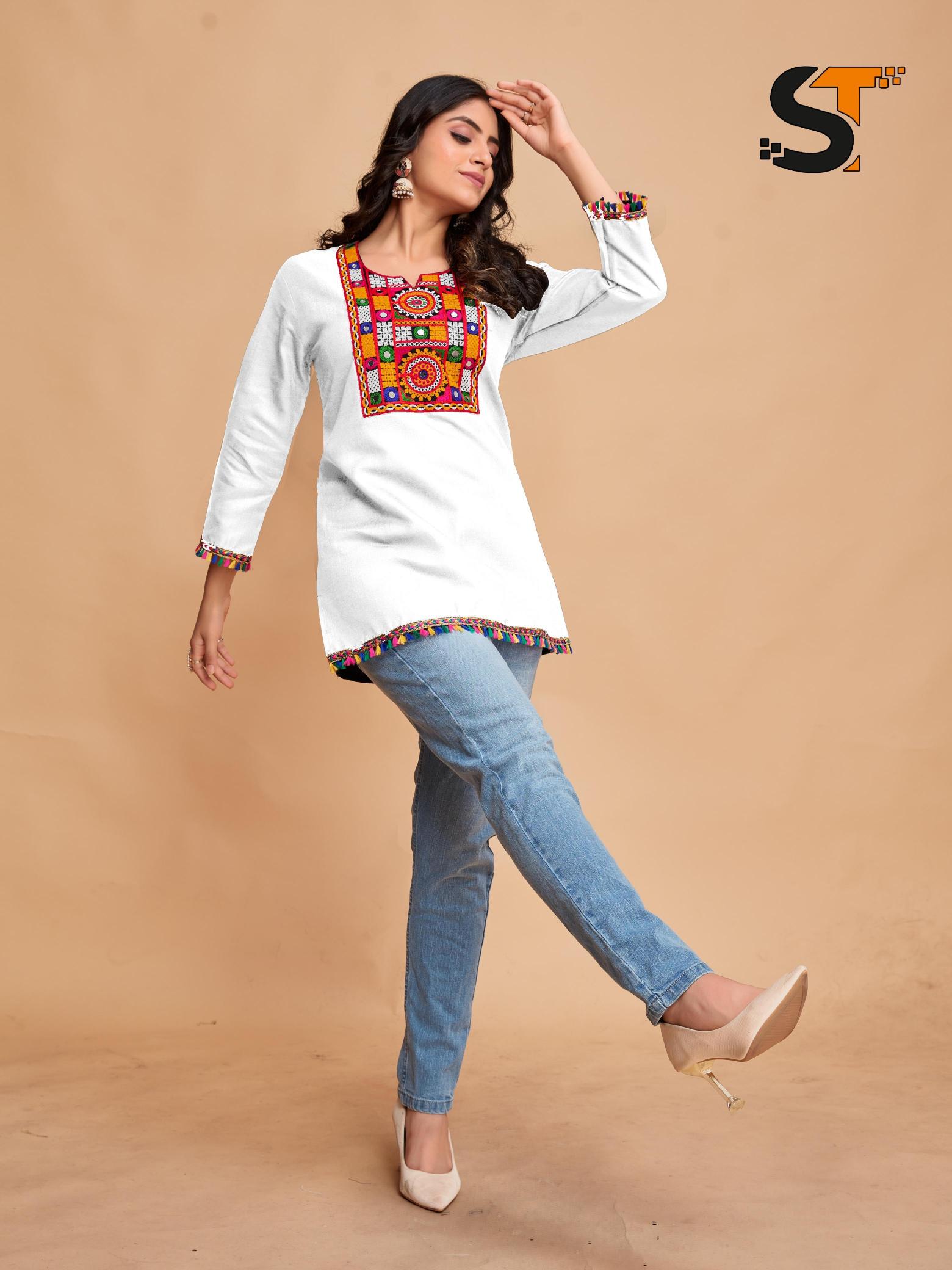 Shree salasar cotton with embroidery work short top catalog jaipuri short kurtis wholesale