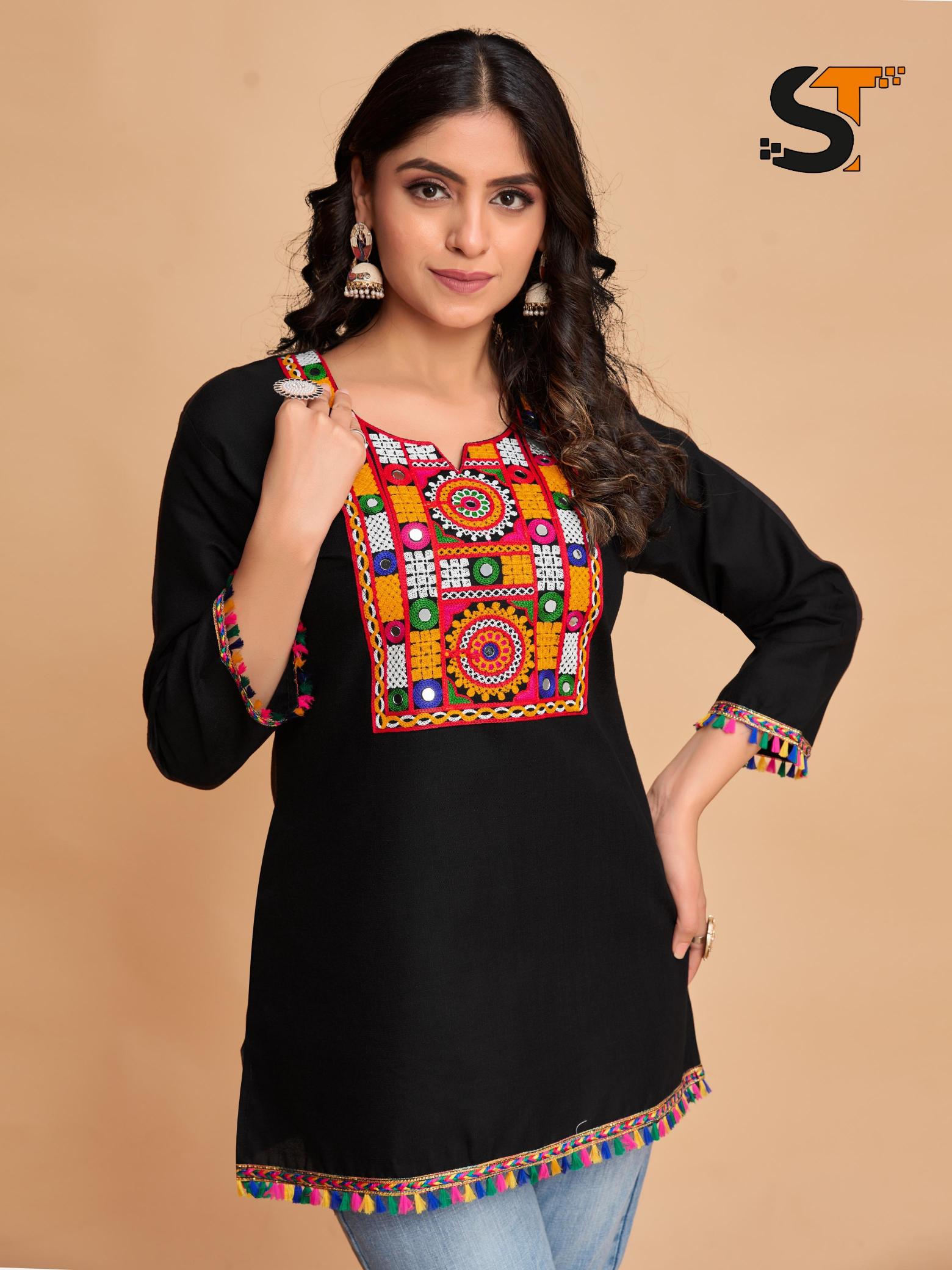 Shree salasar cotton with embroidery work short top catalog jaipuri short kurtis wholesale