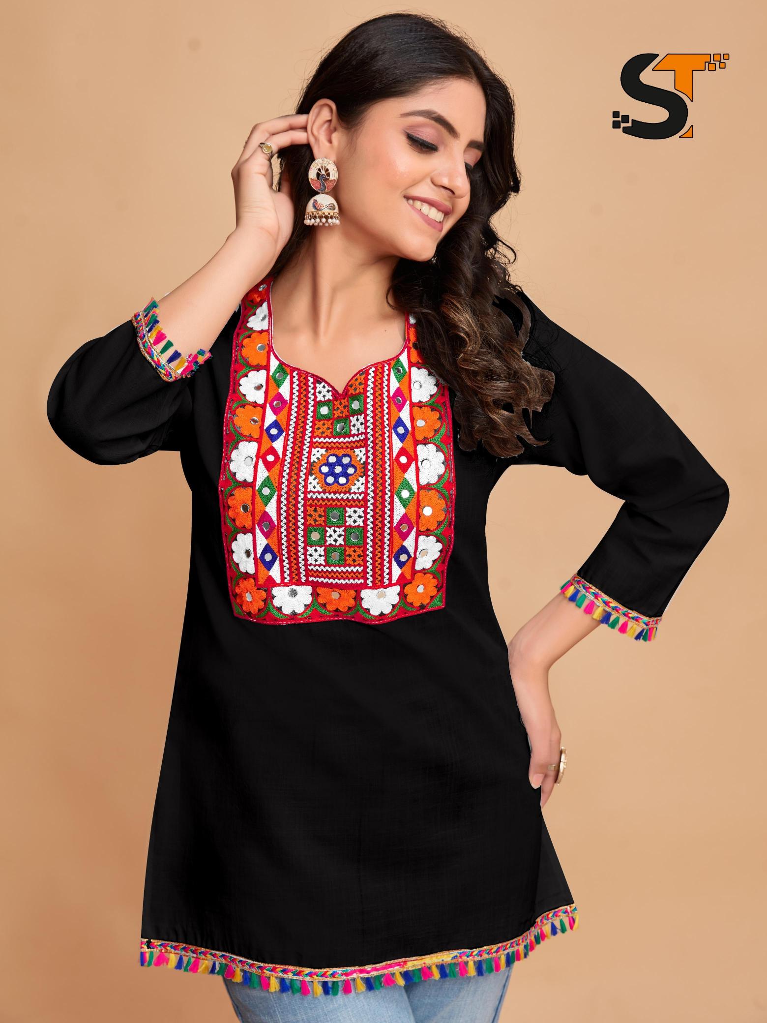 Shree salasar cotton with embroidery work short top catalog jaipuri short kurtis wholesale