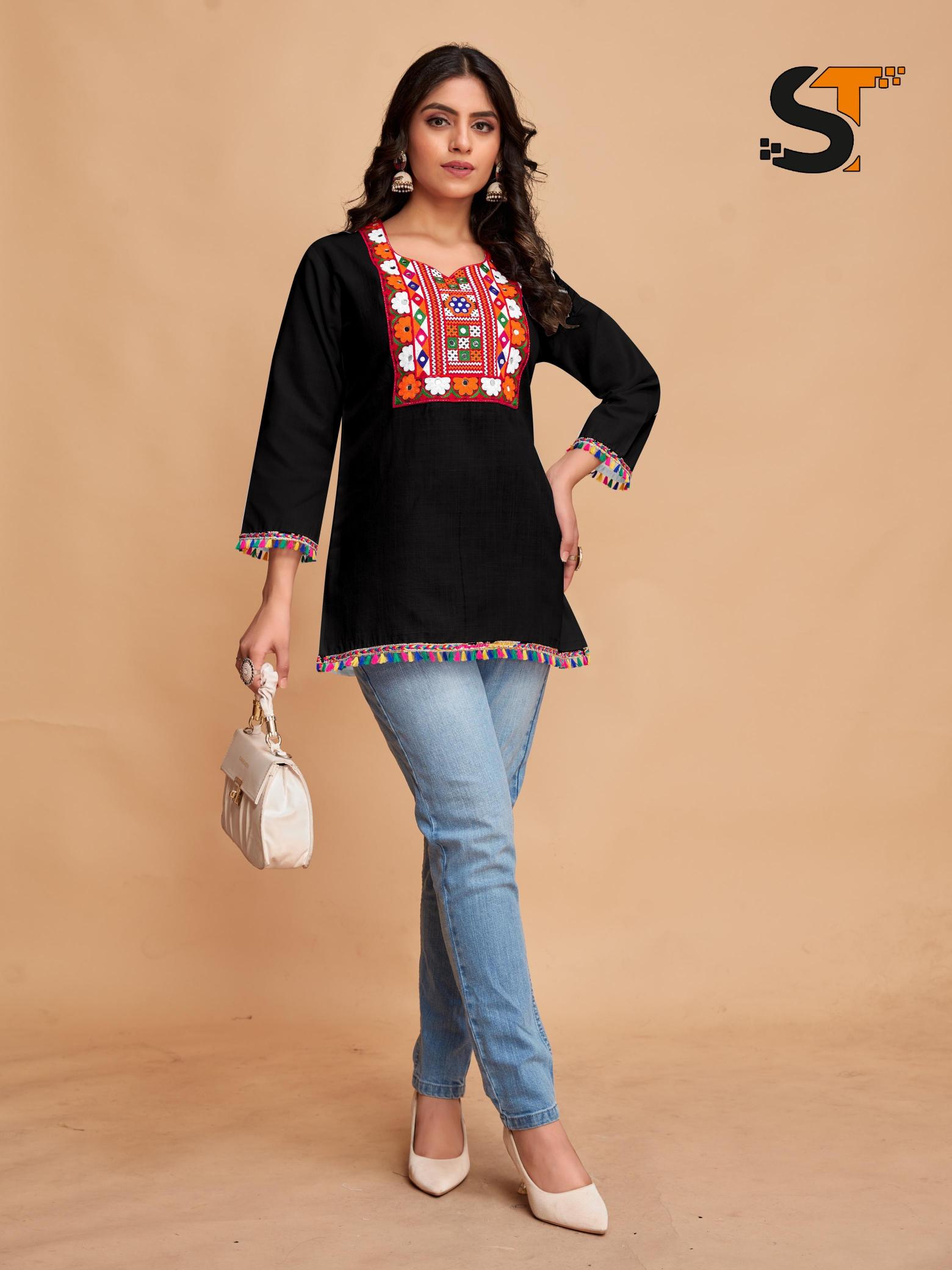 Shree salasar cotton with embroidery work short top catalog jaipuri short kurtis wholesale