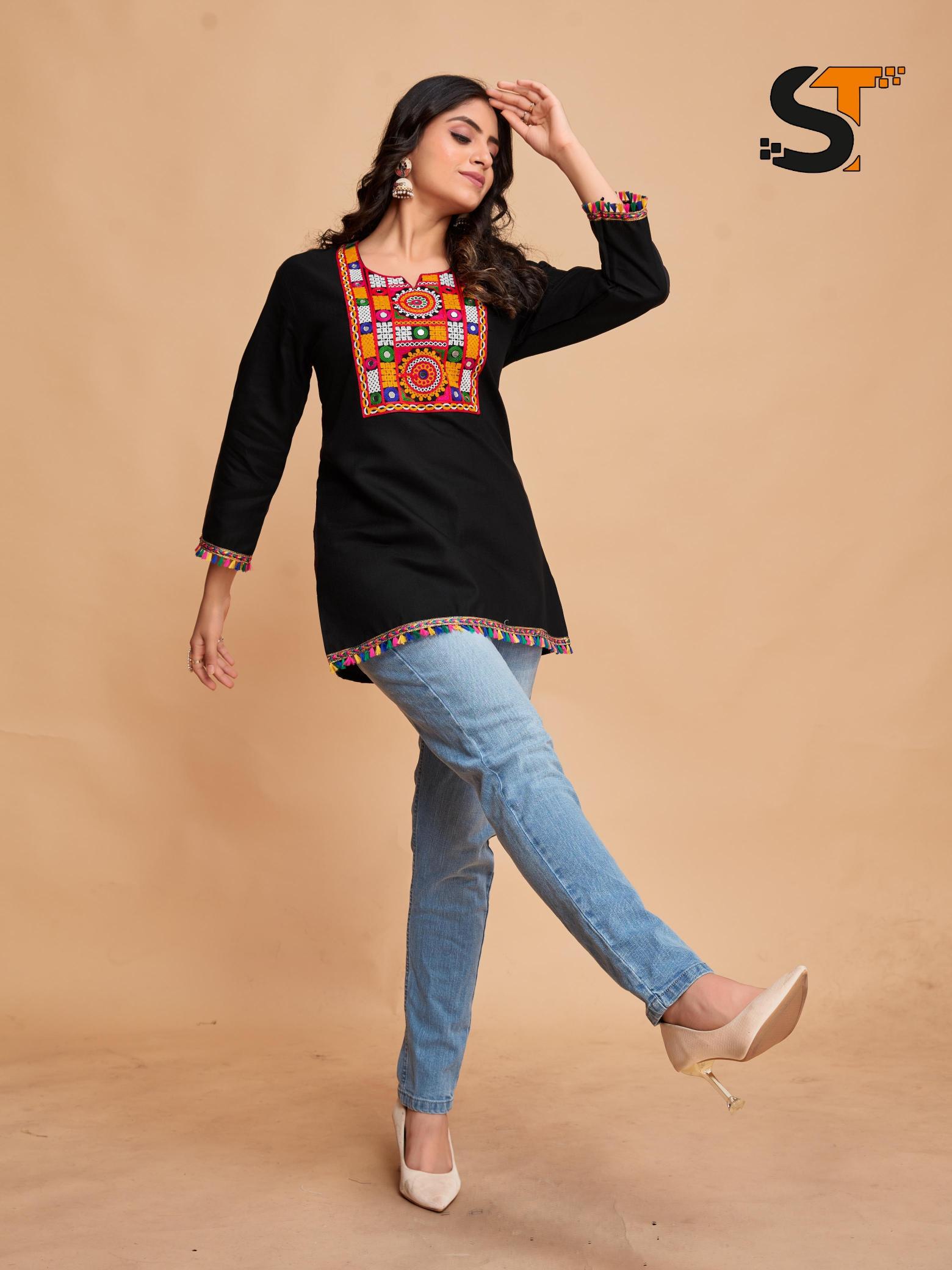 Shree salasar cotton with embroidery work short top catalog jaipuri short kurtis wholesale