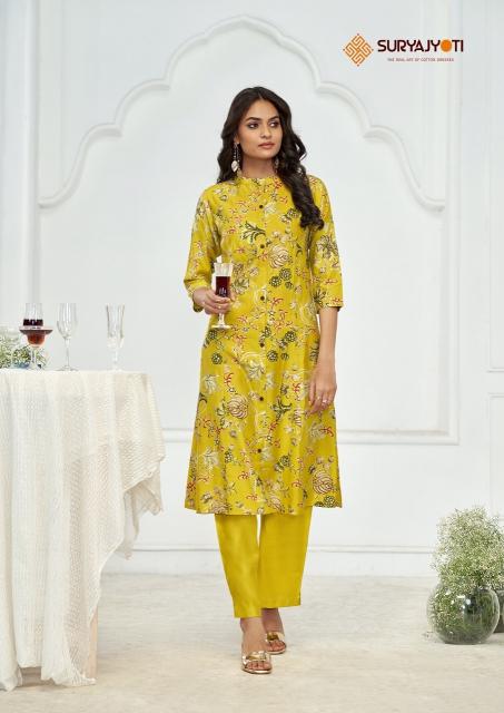Suryajyoti nimisha vol-1 A-line style roman vertigan printed coord set branded kurtis