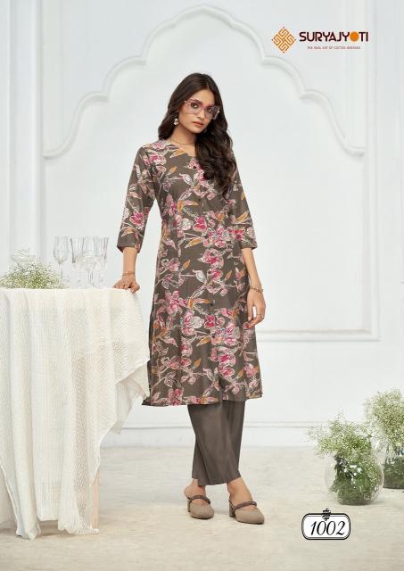 Suryajyoti nimisha vol-1 A-line style roman vertigan printed coord set branded kurtis