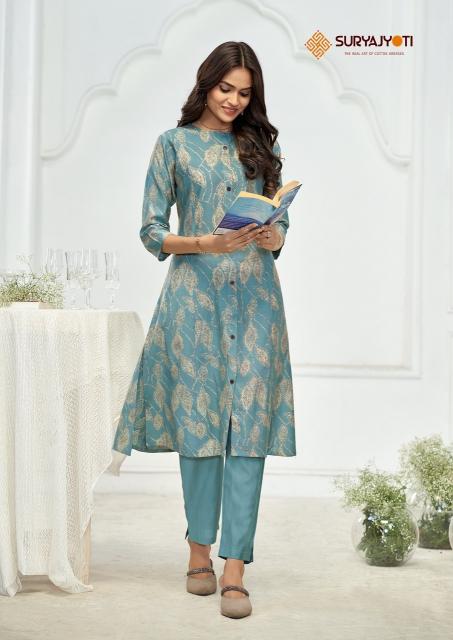 Suryajyoti nimisha vol-1 A-line style roman vertigan printed coord set branded kurtis
