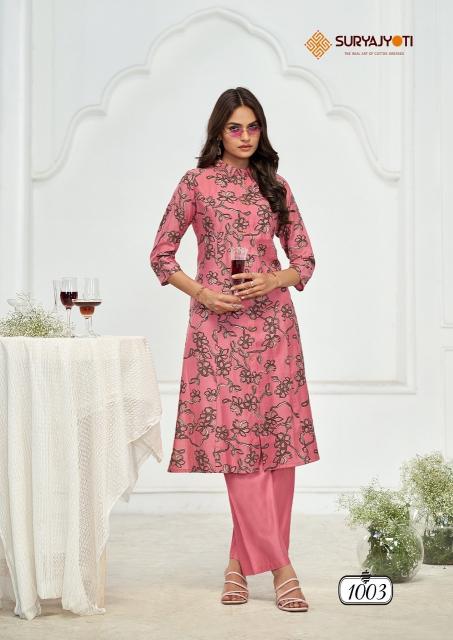 Suryajyoti nimisha vol-1 A-line style roman vertigan printed coord set branded kurtis