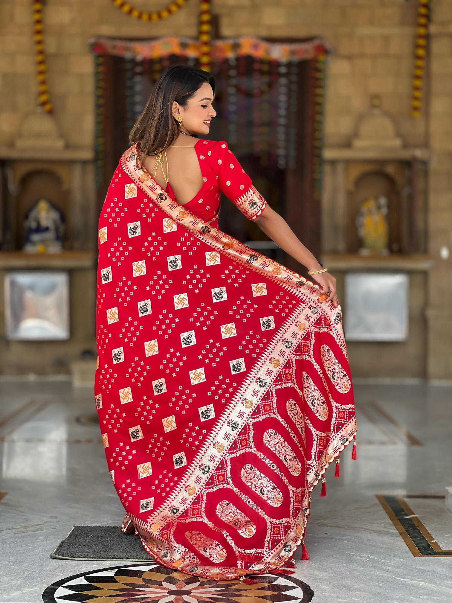 Swastik pure viscous dolla silk swastik & kalash design saree catalog wholesale online shopping
