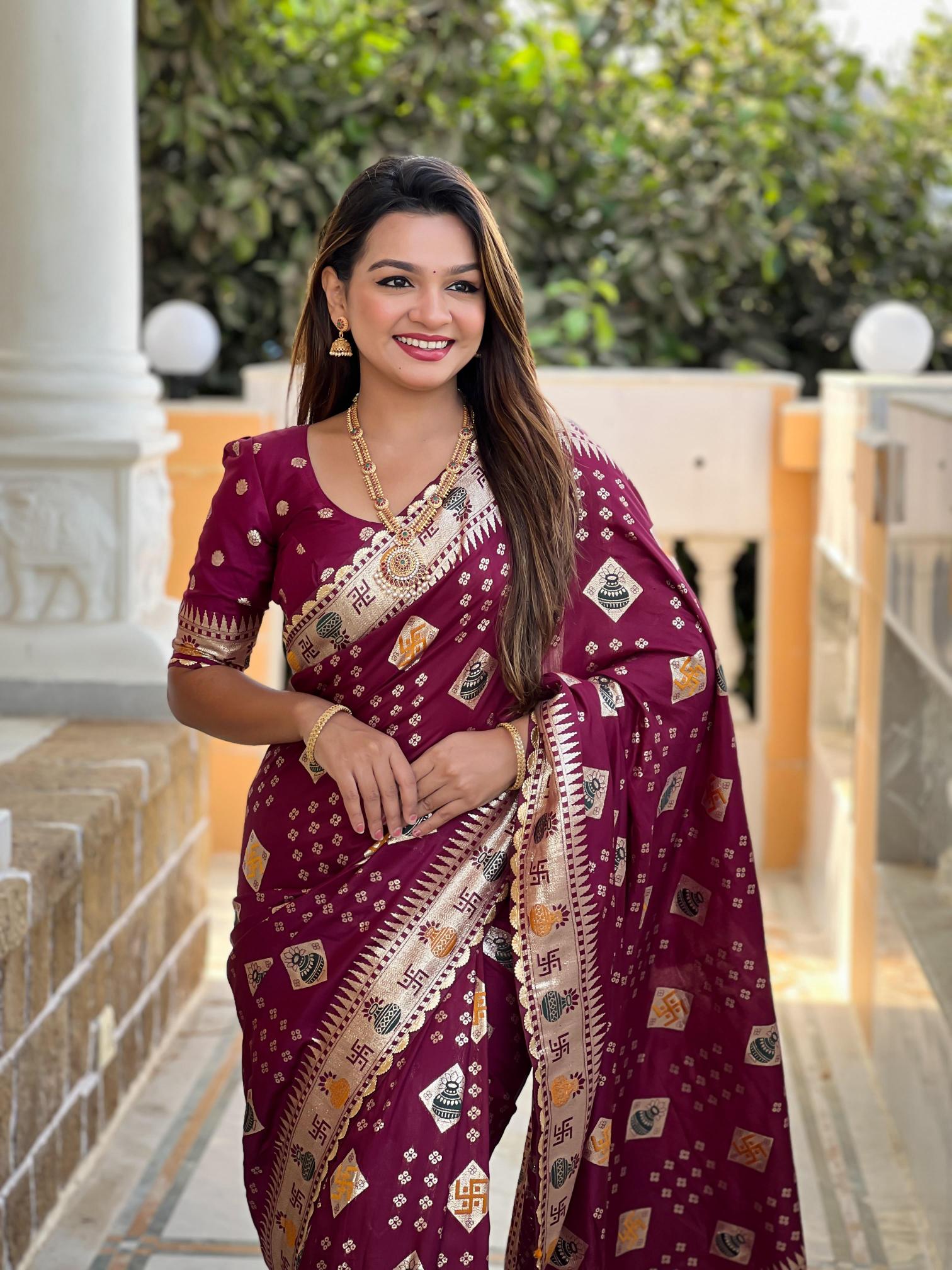Swastik pure viscous dolla silk swastik & kalash design saree catalog wholesale online shopping