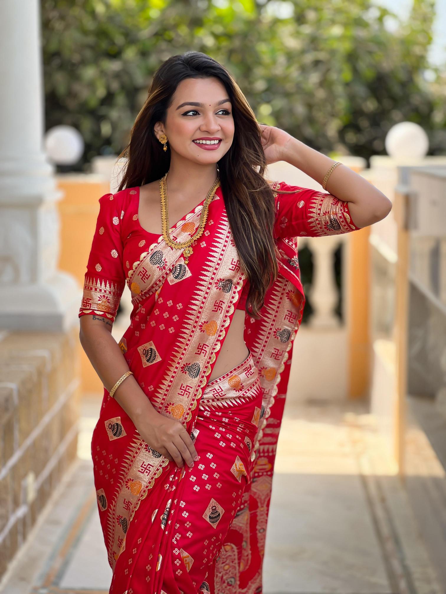 Swastik pure viscous dolla silk swastik & kalash design saree catalog wholesale online shopping
