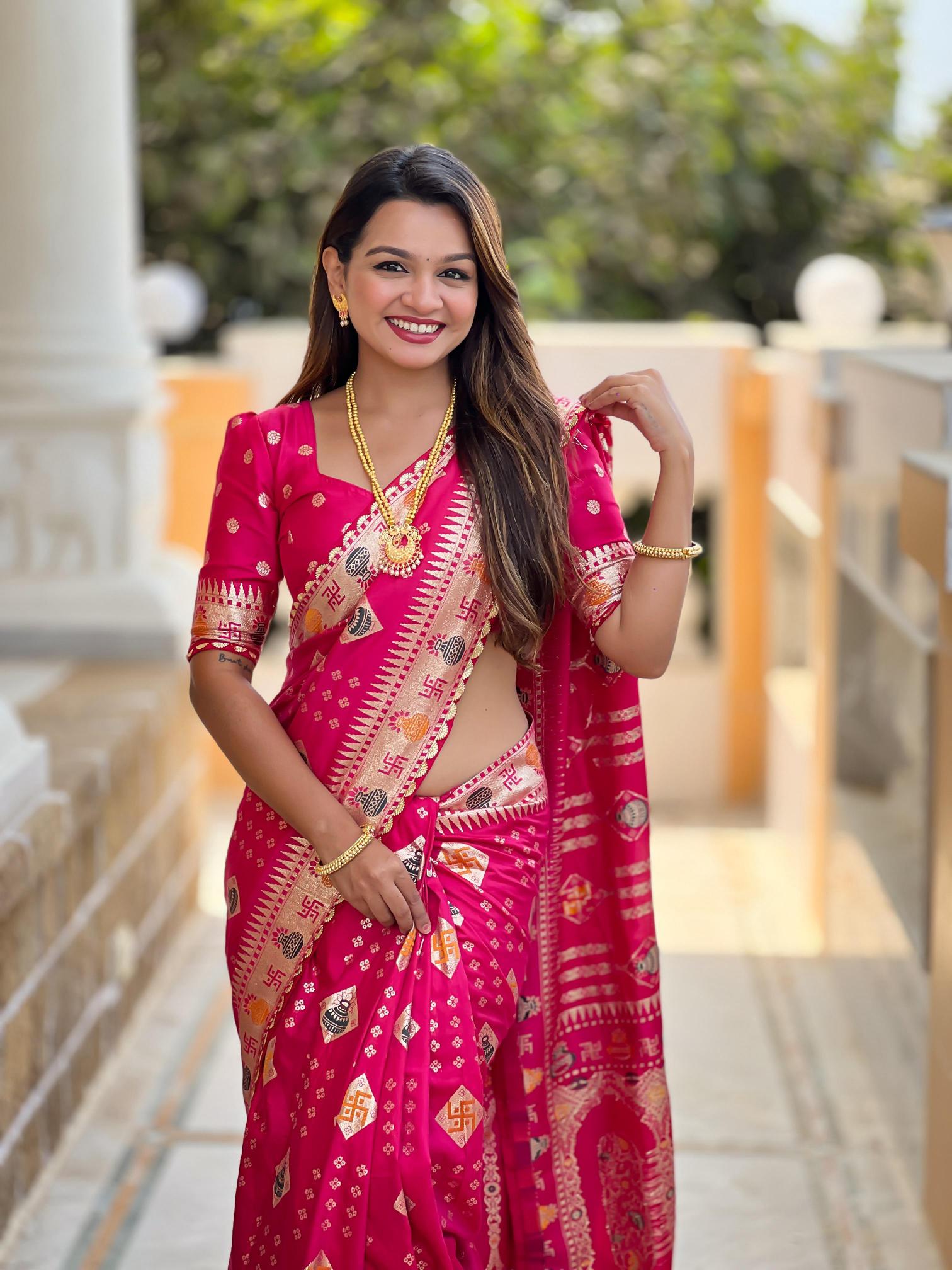 Swastik pure viscous dolla silk swastik & kalash design saree catalog wholesale online shopping
